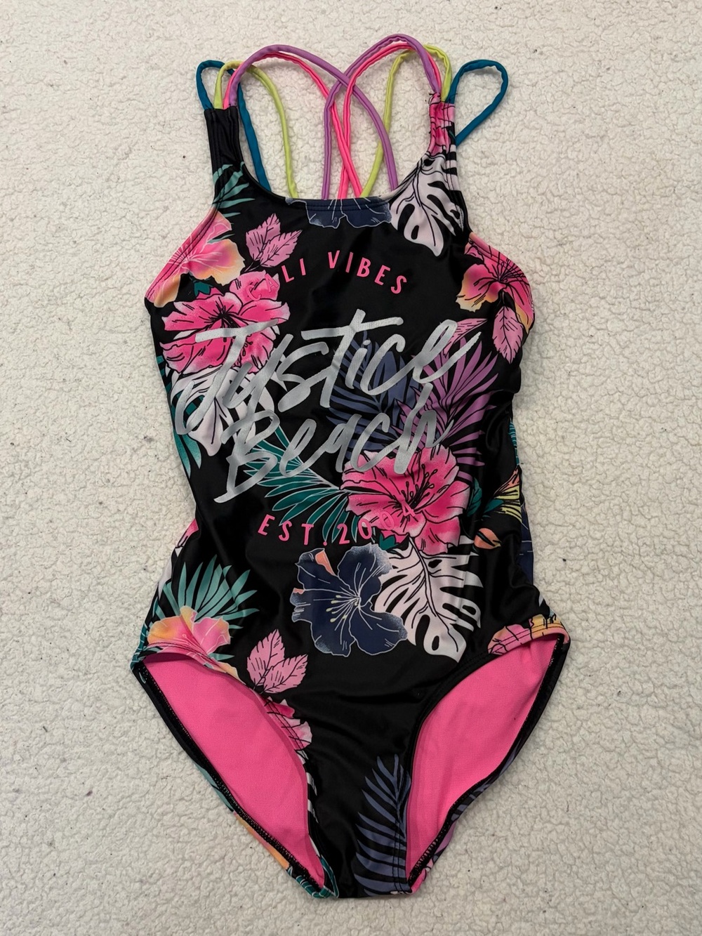 Justice Tropical Floral Strappy One-Piece Swimsuit (Girls Size M / 10)